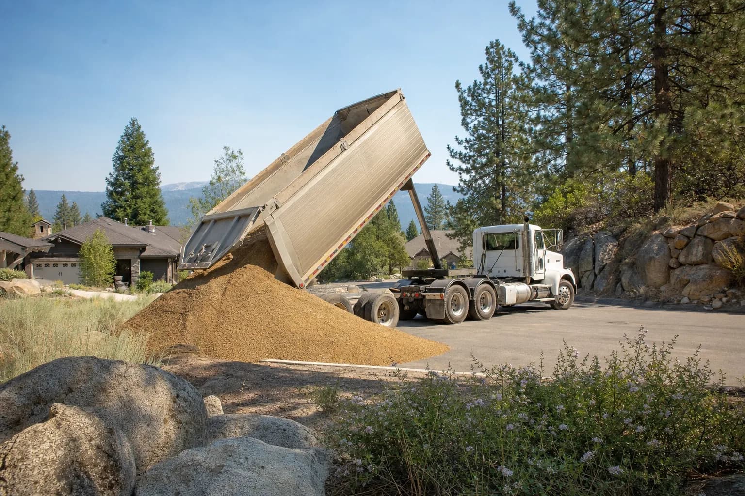 Dump truck delivering gravel to a residential property